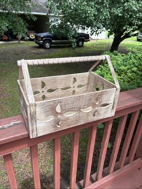 Distressed Cream Wood Decorative Crate tote with Twisted Wood Handle